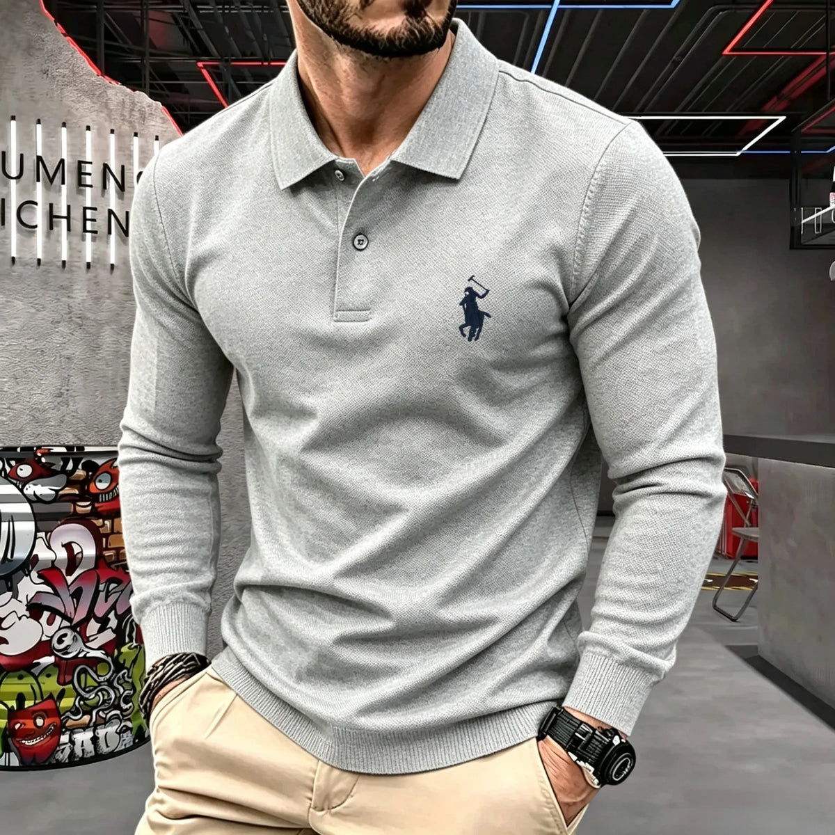 Men's Cotton Long-Sleeve Polo Shirt