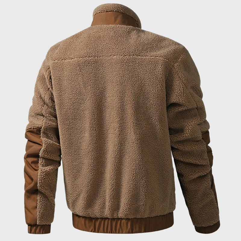 Men's vintage patchwork fleece zip-up jacket by TrendLux Wear featuring a stand collar and streetwear style.