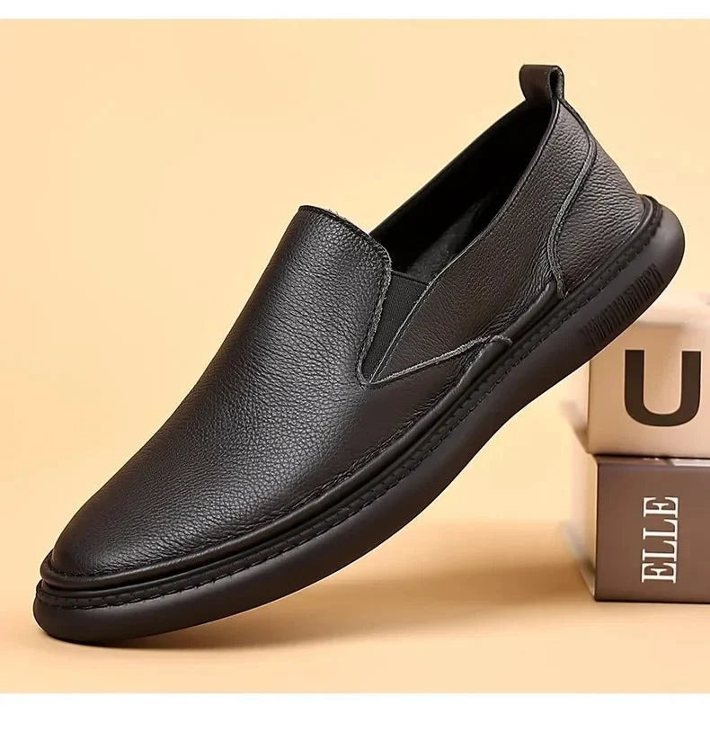 Men's genuine leather casual loafers by TrendLux Wear, breathable solid color slip-on flat shoes for men.