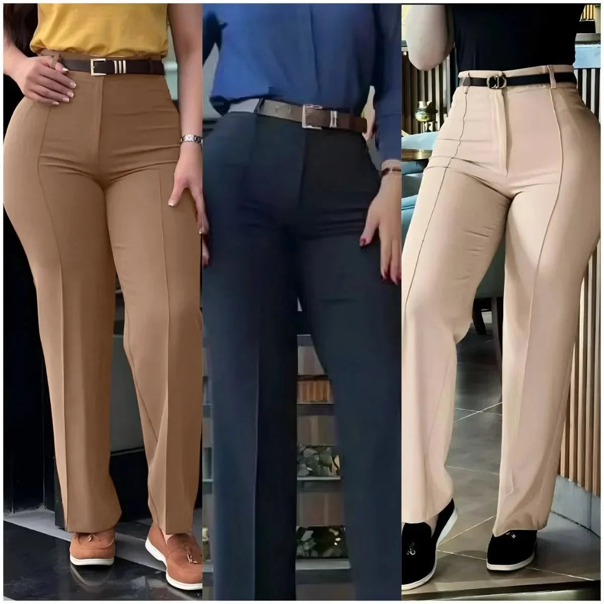 Women's high waist straight leg work pants by TrendLux Wear, slim fit, elegant trousers, shown in a professional style.