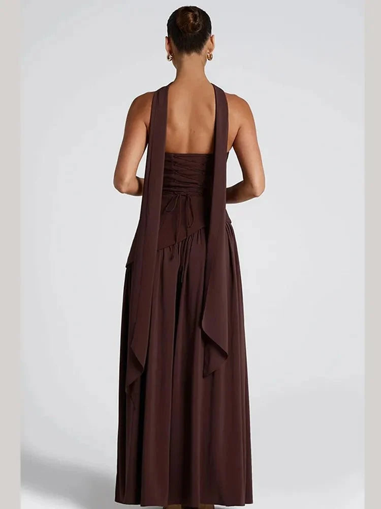 Women's Strapless Backless Maxi Dress with Ribbon Scarf - TrendLux Wear