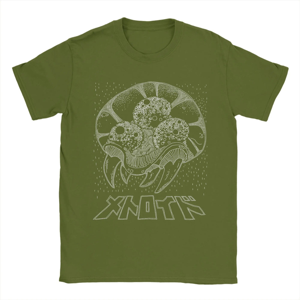 Men's Metroid vintage graphic T-shirt by TrendLux Wear, 100% cotton retro tee in khaki, burgundy, or army green, available in S–6XL.