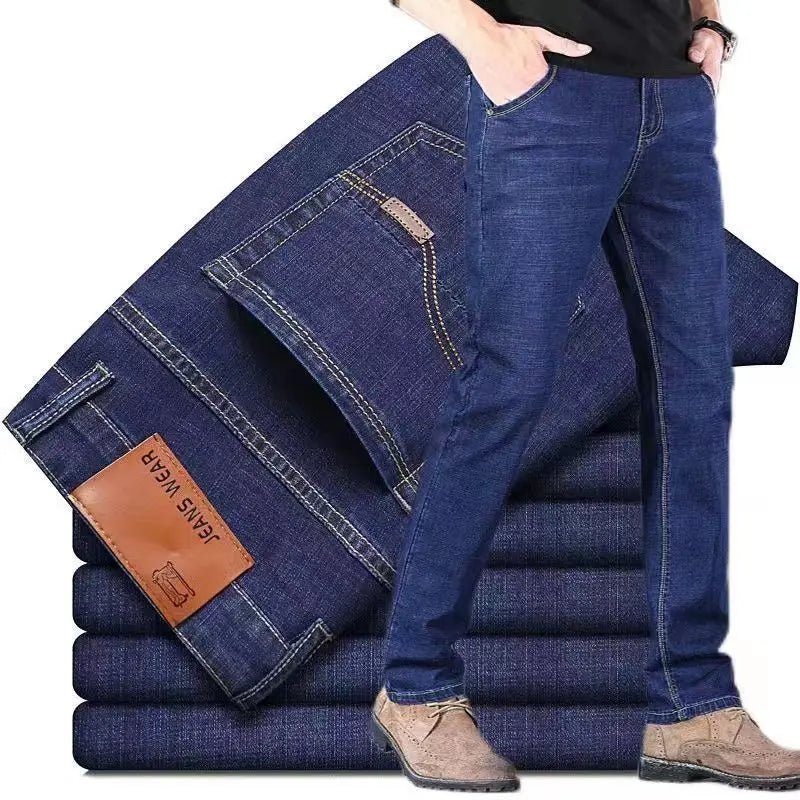 Men's elastic straight-leg jeans by TrendLux Wear in classic blue and black, casual work denim, available in sizes 28–40.