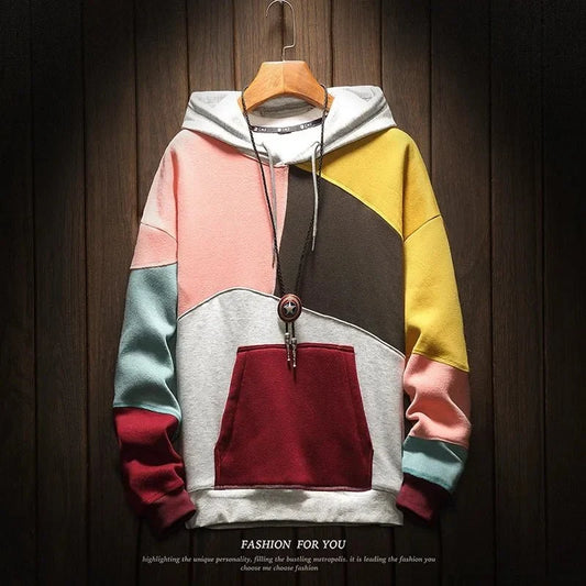 Men's patchwork velvet punk hoodie by TrendLux Wear, loose fit streetwear hoodie with colorful patchwork design and hood.