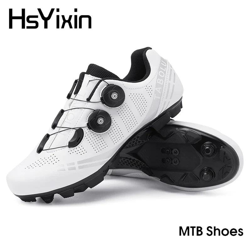 Men's MTB cycling shoes by TrendLux Wear showing durable black and gray design with cleat compatibility and breathable mesh panels.