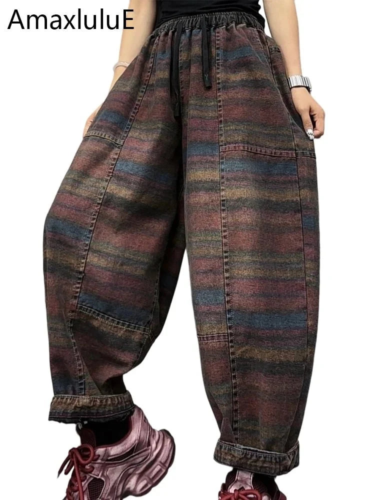 Women's Korean style striped harem jeans with loose elastic waist, denim trousers by TrendLux Wear, relaxed fit and trendy design