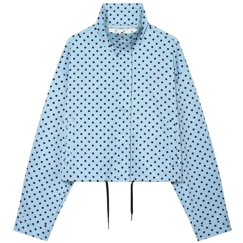 TrenLux Wear women's polka dot bomber jacket with oversized fit, long sleeves, zip-up front, perfect for demi-season outerwear.