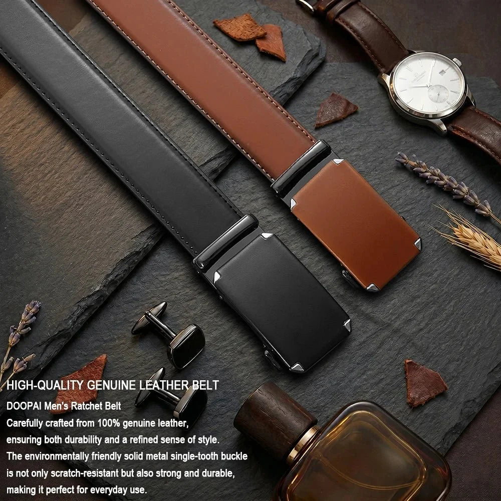 Men's leather belt with automatic buckle from TrendLux Wear, adjustable waistband, suitable for waist sizes 105–135cm.