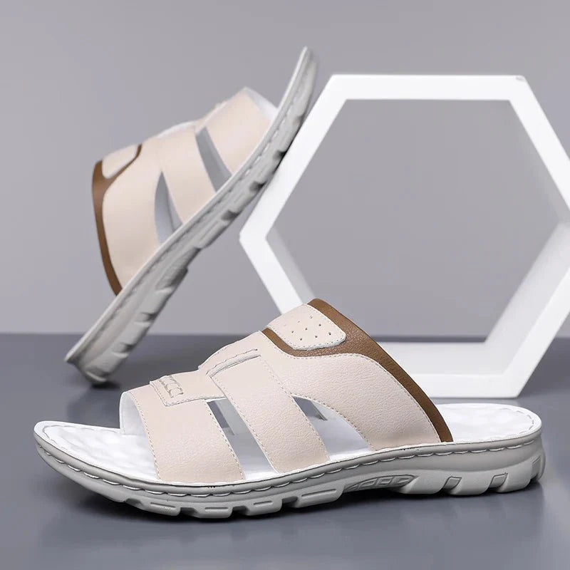 Men's handmade leather half-drag slippers by TrendLux Wear, lightweight outdoor slides in EU sizes 38-58, featuring a sleek design.