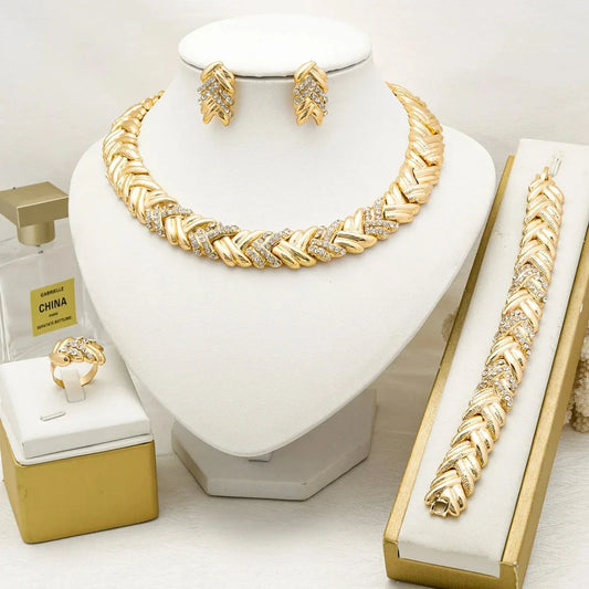 Women's Dubai 18K gold plated luxury jewelry set featuring intricate necklace and earring designs by TrendLux Wear.