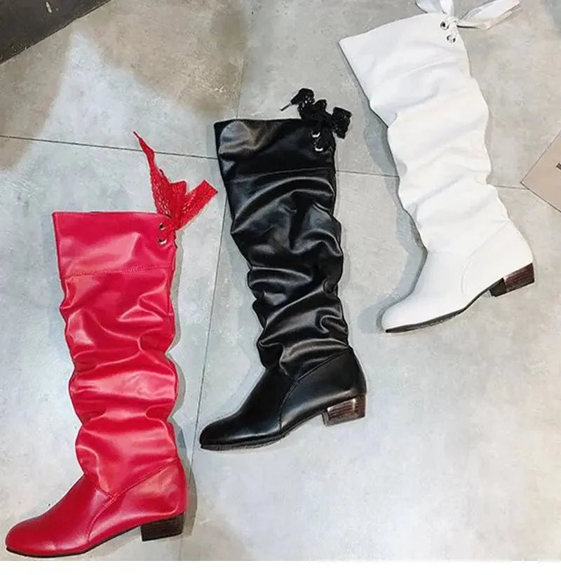 Women's pleated lace-up knee-high boots by TrendLux Wear, featuring a stylish design and tall shaft in black leather.