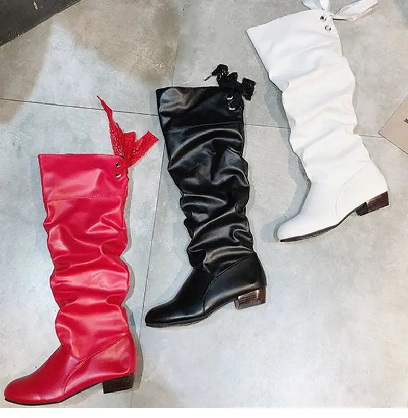 TrenLux Wear Women's Pleated Lace-Up Knee-High Boots — Low Heel, Black, White & Red, Sizes 35–43 TrenLux Wear