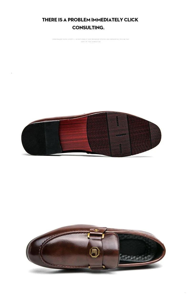 Brown leather slip-on loafers featuring a round toe and a metal buckle detail, ideal for formal occasions.