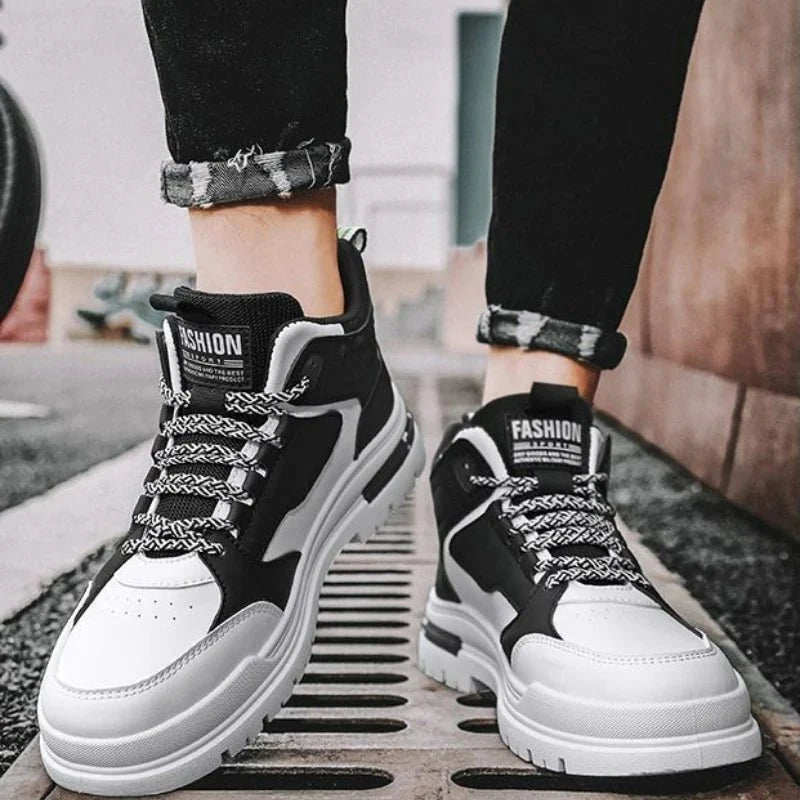 Men's high-top street sneakers by TrendLux Wear featuring non-slip vulcanized soles and ankle support in black and white.