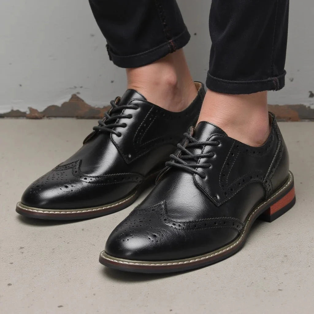 Men's black and brown lace-up brogue dress shoes by TrendLux Wear, formal leather oxfords for business and dress occasions.