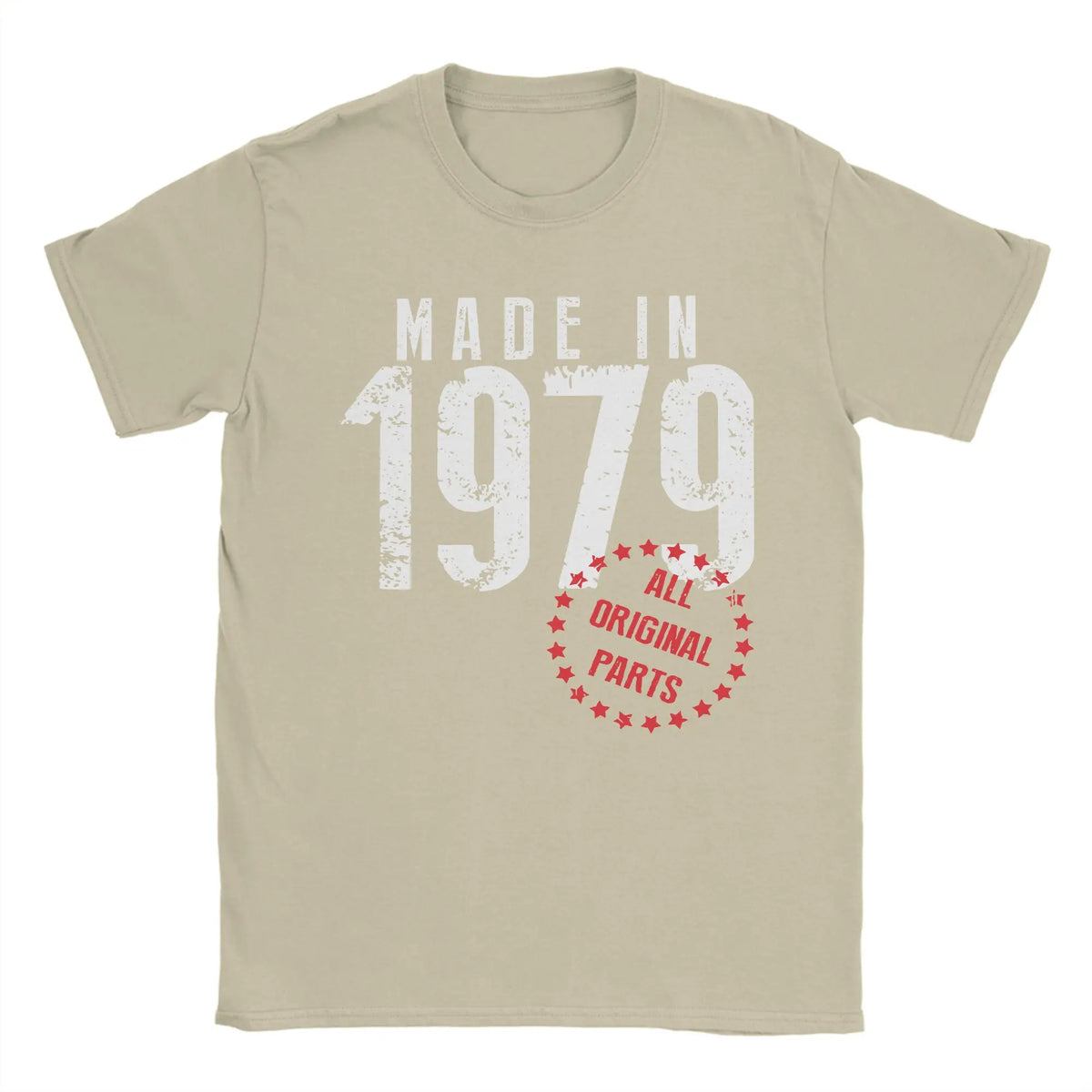 Men's Vintage 1979 Birthday T-Shirt by TrendLux Wear, 100% cotton graphic tee in khaki, burgundy, or army green, available in sizes S–6XL.