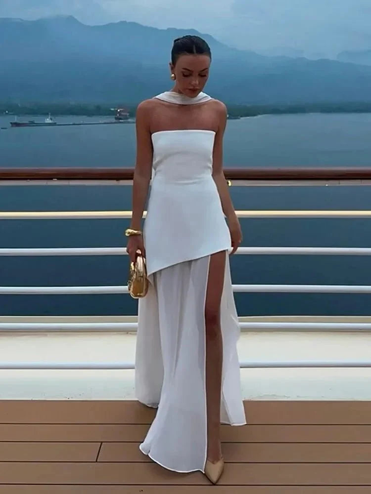 Women's Strapless Backless Maxi Dress with Ribbon Scarf - TrendLux Wear