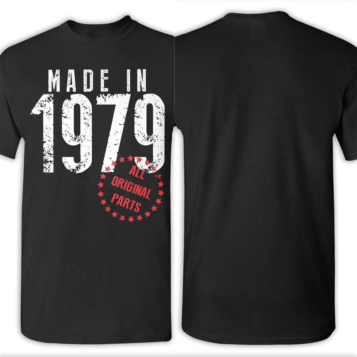 Men's vintage 1979 birthday T-shirt by TrendLux Wear, 100% cotton graphic tee in khaki, burgundy, or army green, sizes S–6XL.