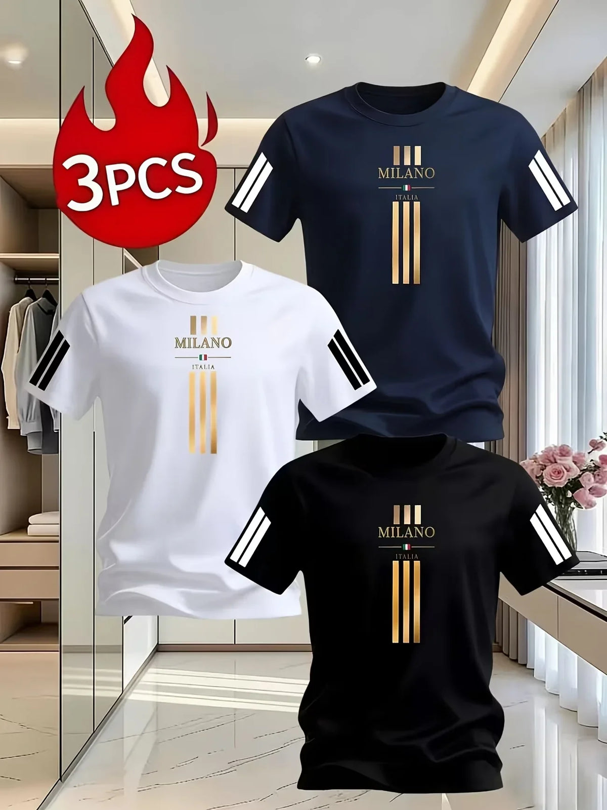 Men's TrendLux Wear Italian stripe graphic T-shirt made of quick-dry polyester, featuring bold stripes and casual fit.