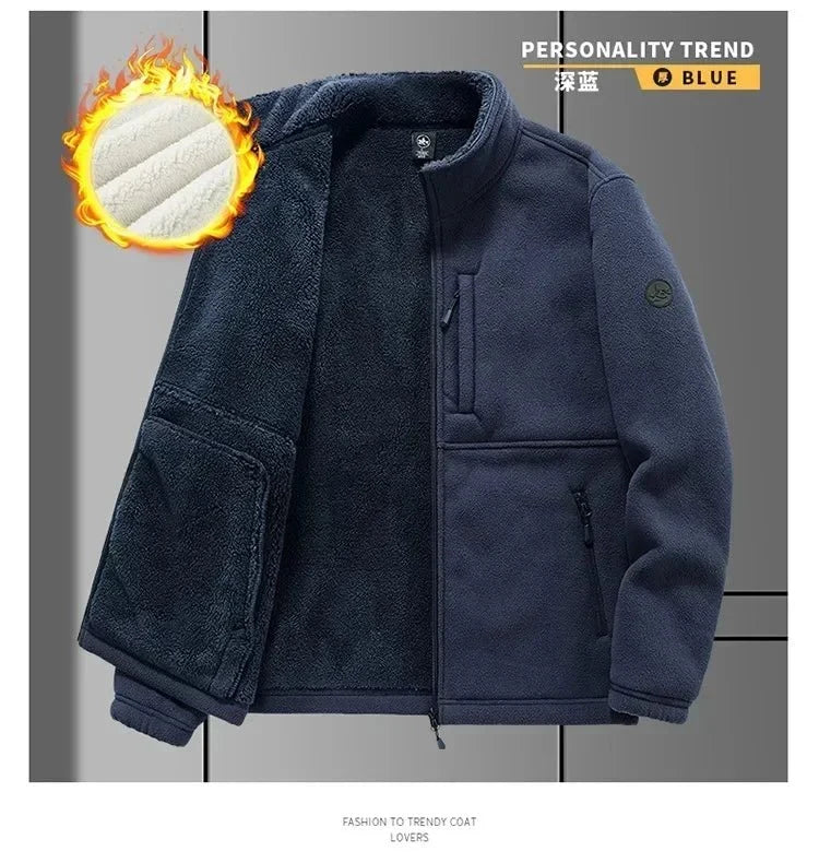 Men's fleece-lined winter jacket by TrendLux Wear, zip-up hooded casual coat in plus sizes S–6XL, shown with front view and hood.