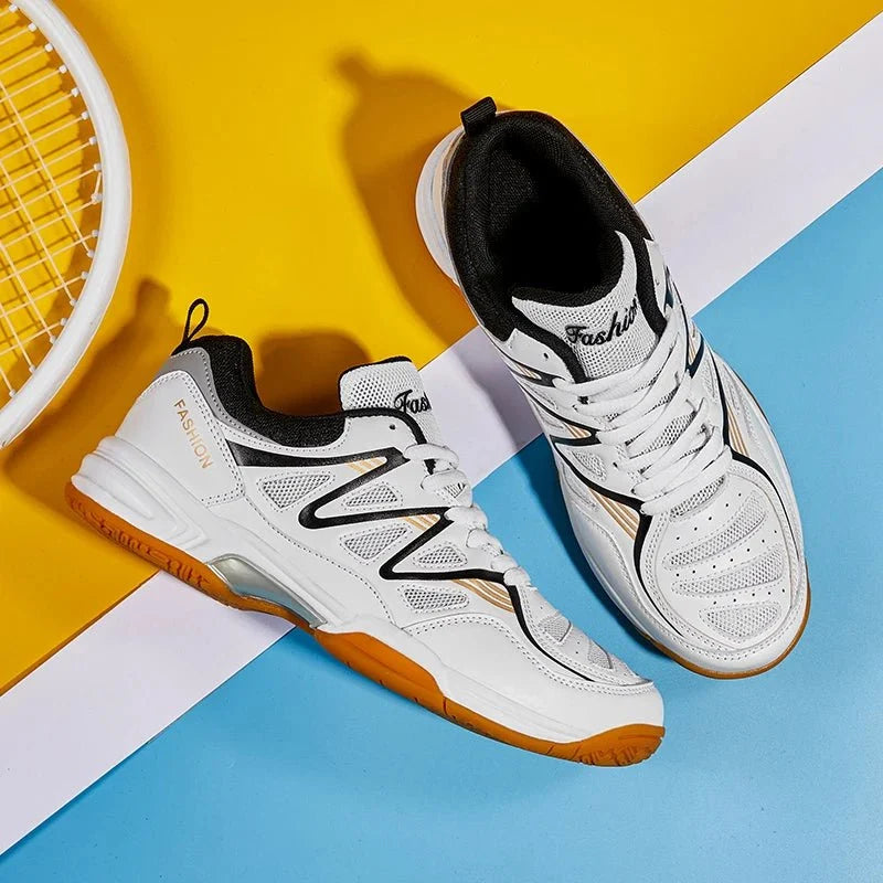 Men's TrendLux Wear athletic tennis and badminton shoes with anti-slip soles, all-season court sneakers, in black and white.