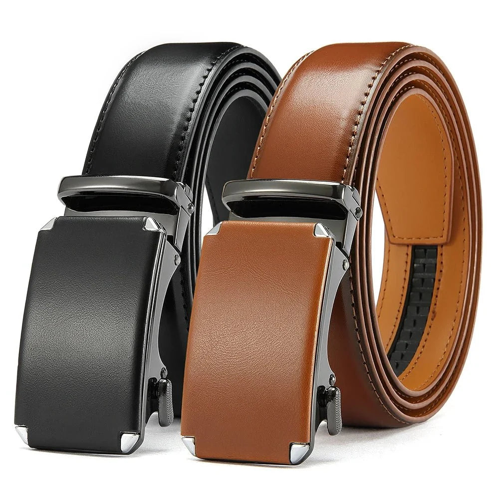 Men's leather belt by TrendLux Wear with automatic buckle, adjustable waist, and 105–135cm length, shown with the belt fastened.