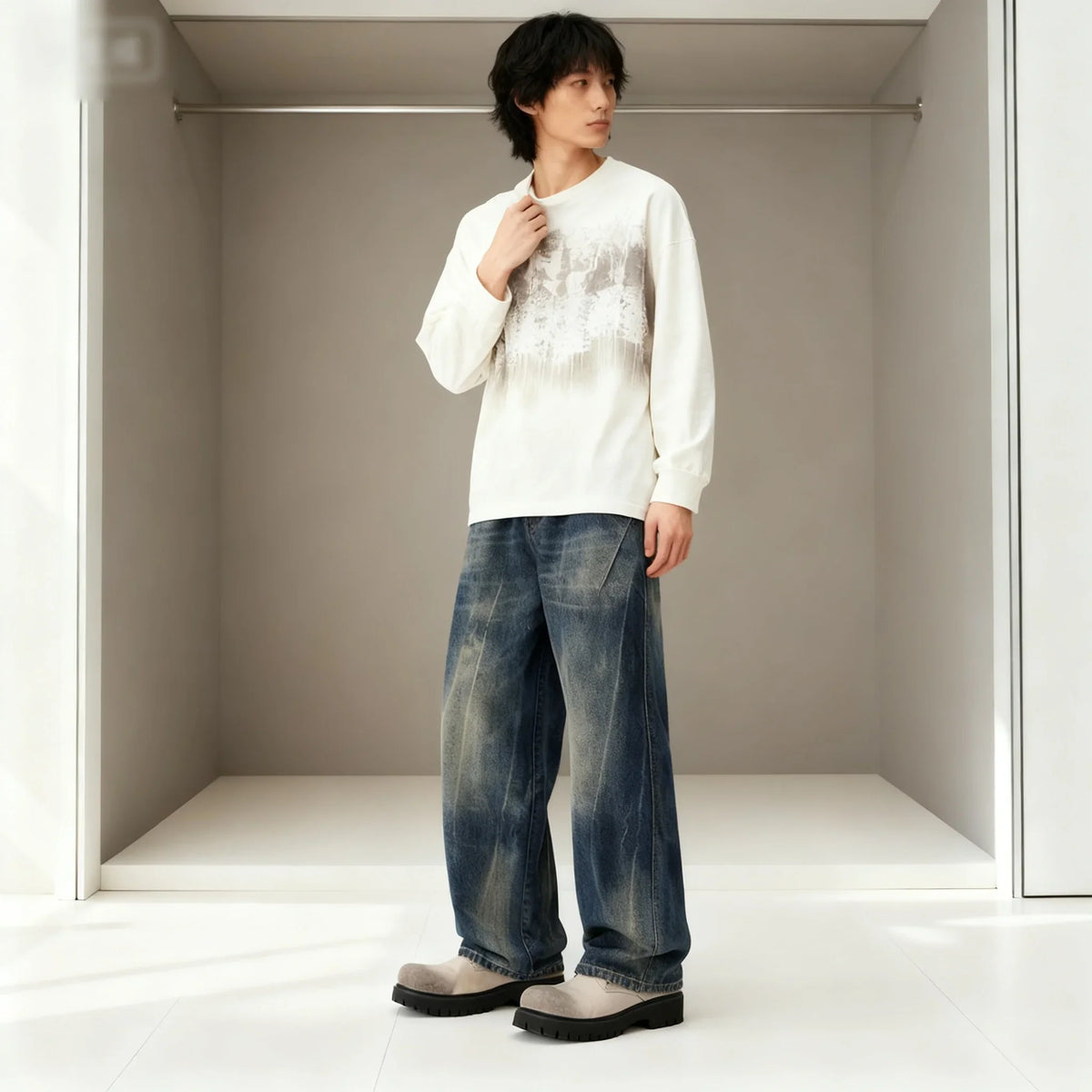 Men's loose straight leg distressed jeans by TrendLux Wear, casual denim pants with a relaxed fit and stylish distressed detailing.
