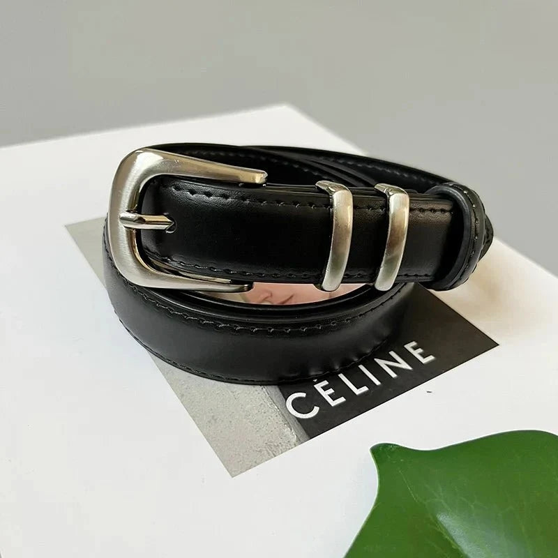 Women's real leather jeans belt from TrendLux Wear, featuring a stylish and durable design with a metal buckle.