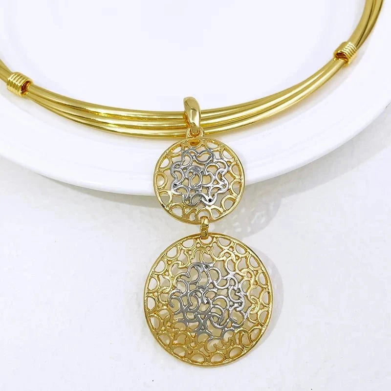 Women's two-tone luxury jewelry set featuring matching necklace and earrings by TrendLux Wear.