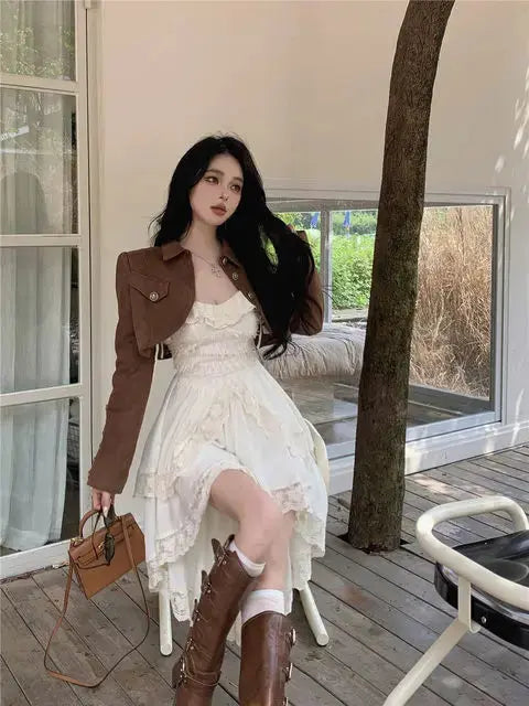 TrenLux Wear Women's Polyester-Cotton Lace Ruffle Off-Shoulder Sling Midi Dress The Glow Sanctuary