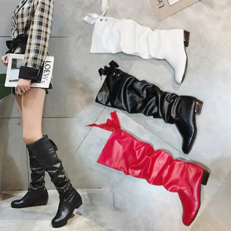 TrenLux Wear Women's Pleated Lace-Up Knee-High Boots — Low Heel, Black, White & Red, Sizes 35–43 TrenLux Wear