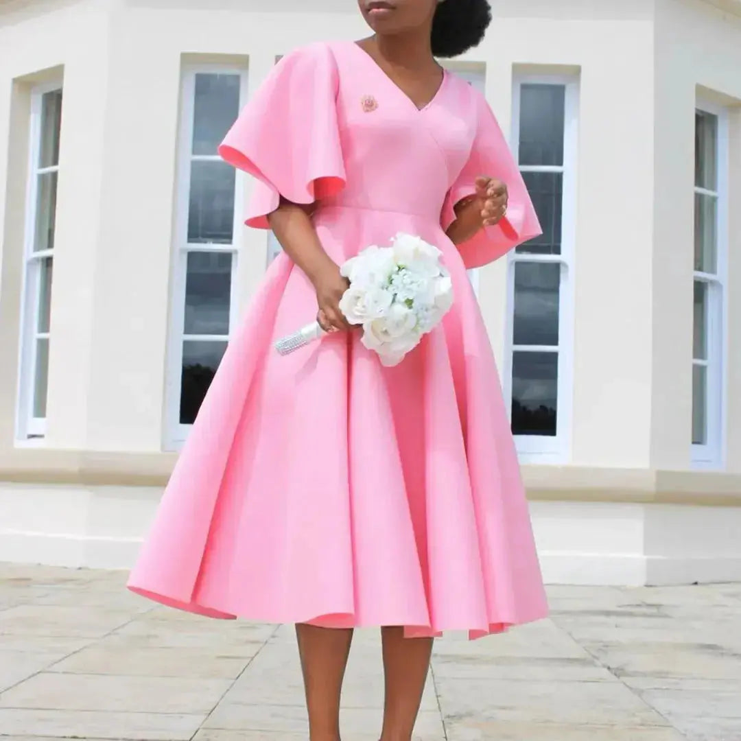 TrenLux Wear Women's Polyester High Waist Flare Sleeve Pleated A-Line Midi Dress The Glow Sanctuary