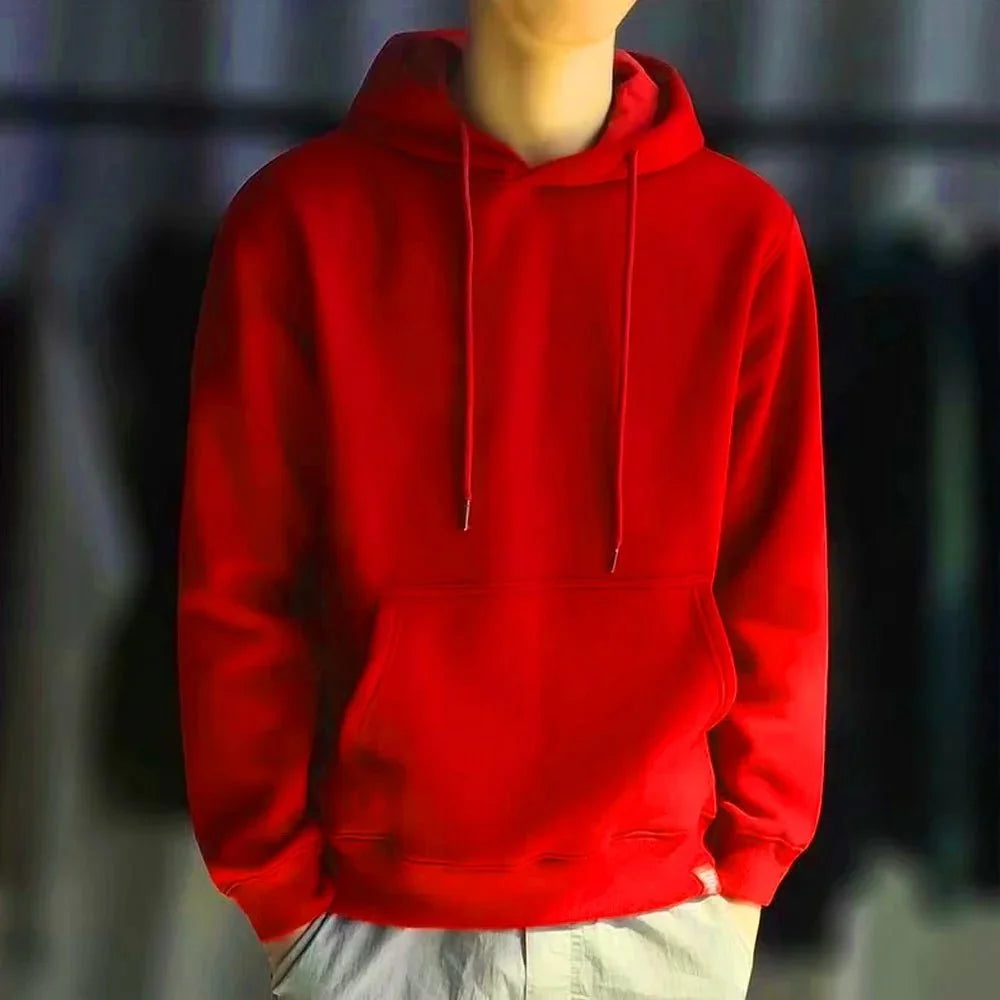 Men's Harajuku Pullover Hoodie by TrendLux Wear in casual streetwear style, shown in black with front pocket and hood.
