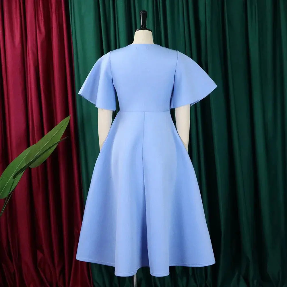 TrenLux Wear Women's Polyester High Waist Flare Sleeve Pleated A-Line Midi Dress The Glow Sanctuary