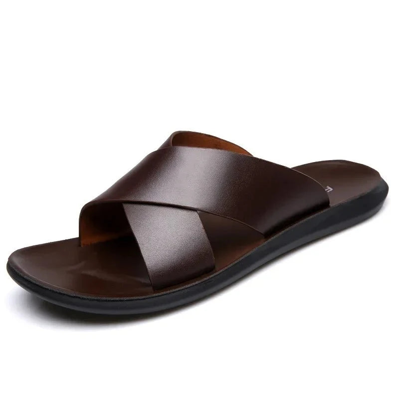 Men's genuine leather beach sandals by TrendLux Wear, non-slip casual flats in EU sizes 38-50, showing the stylish leather straps.