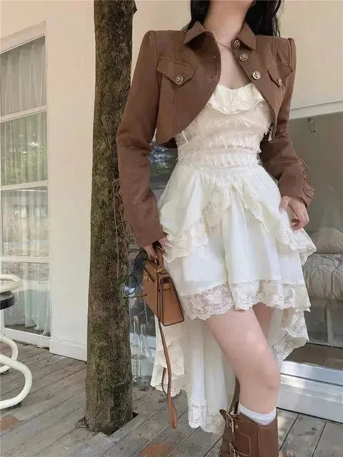 Women's polyester-cotton lace ruffle off-shoulder sling midi dress by The Glow Sanctuary, featuring a feminine, flowy design.