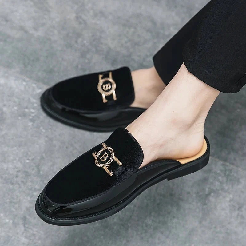 Men's black faux suede slip-on mules by TrendLux Wear, breathable summer loafers with casual style in EU sizes 35–47.