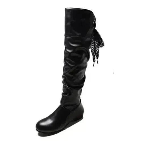 Women's knee-high lace-up boots by TrendLux Wear with pleated design and sturdy shoes construction.