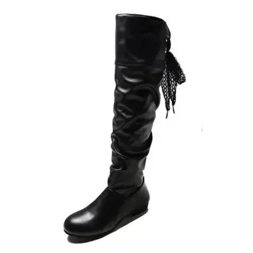 TrenLux Wear Women's Pleated Lace-Up Knee-High Boots — Low Heel, Black, White & Red, Sizes 35–43 TrenLux Wear