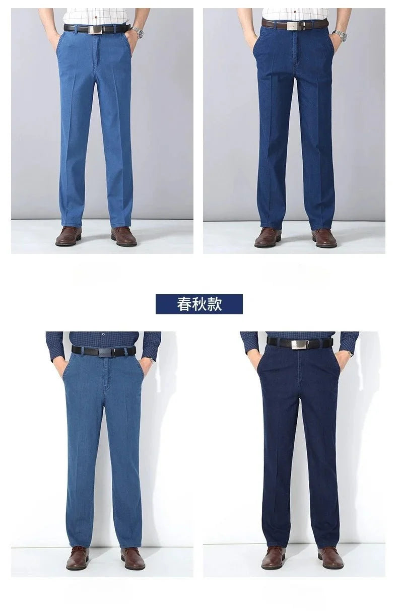 Men's high-waist straight-leg cargo jeans by TrendLux Wear with elastic waistband, ideal for spring and summer casual wear.