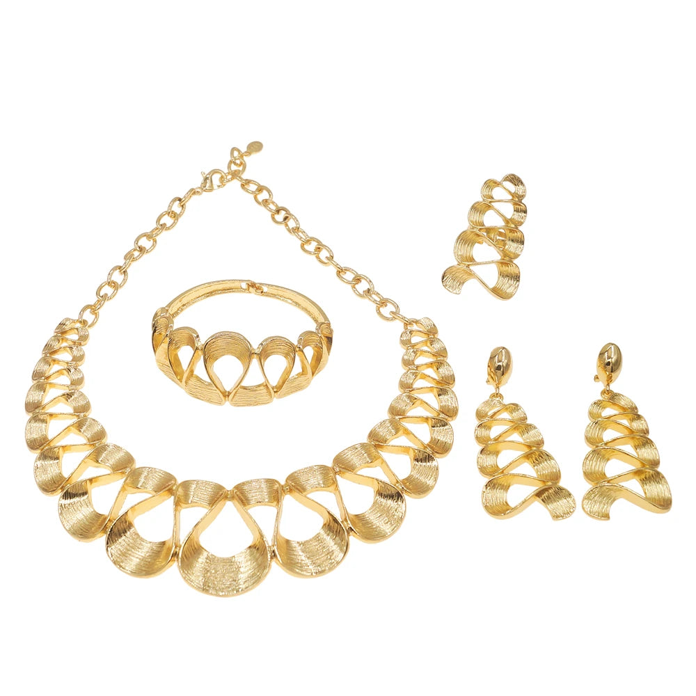 Women's Gold Plated Wavy Pendant Necklace & Earrings Set. TrenLux Wear