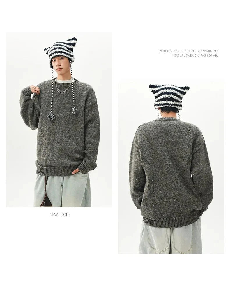 Men's oversized round neck pullover sweater by TrendLux Wear in warm polyester knit, available in three colors.