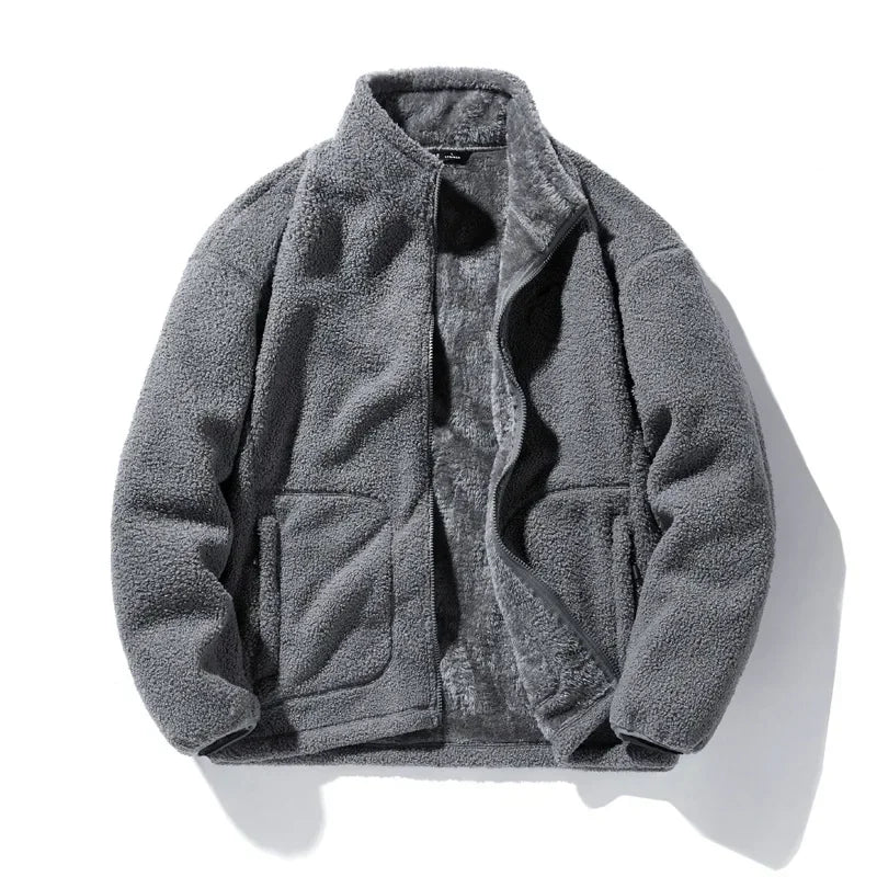 Men's loose fleece streetwear jacket with stand collar in plus sizes, by TrendLux Wear, shown in black fabric.