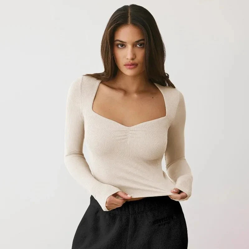 Women's Y2K square neck long-sleeve top by TrendLux Wear, slim fit viscose blend t-shirt in black, perfect for fall and winter.