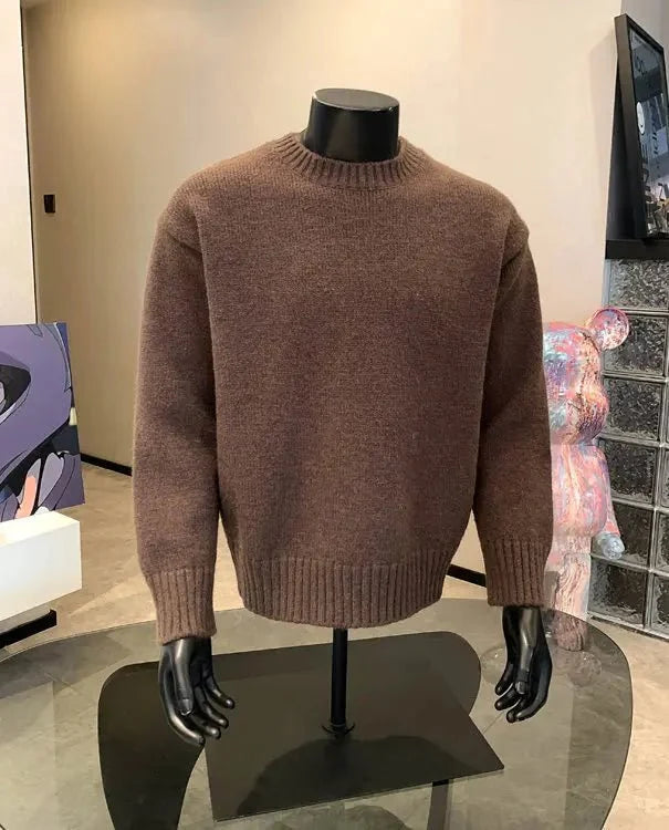 Men's cashmere-blend round neck pullover sweater by TrendLux Wear in five colors, cozy autumn winter knit, close-up view