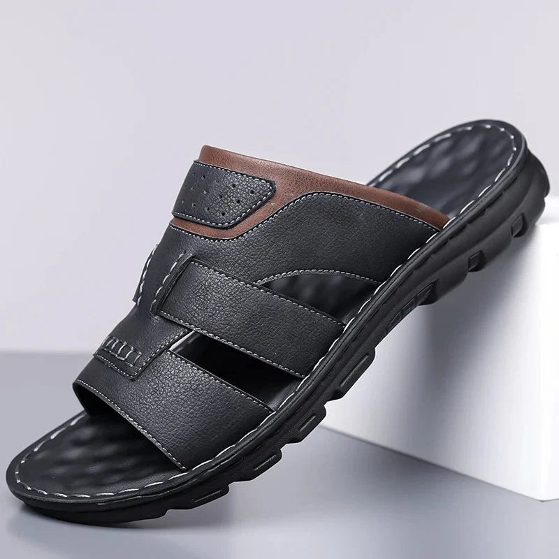 Men's handmade leather half-drag slippers by TrendLux Wear, lightweight outdoor slides in EU sizes 38-58, shown in the image.