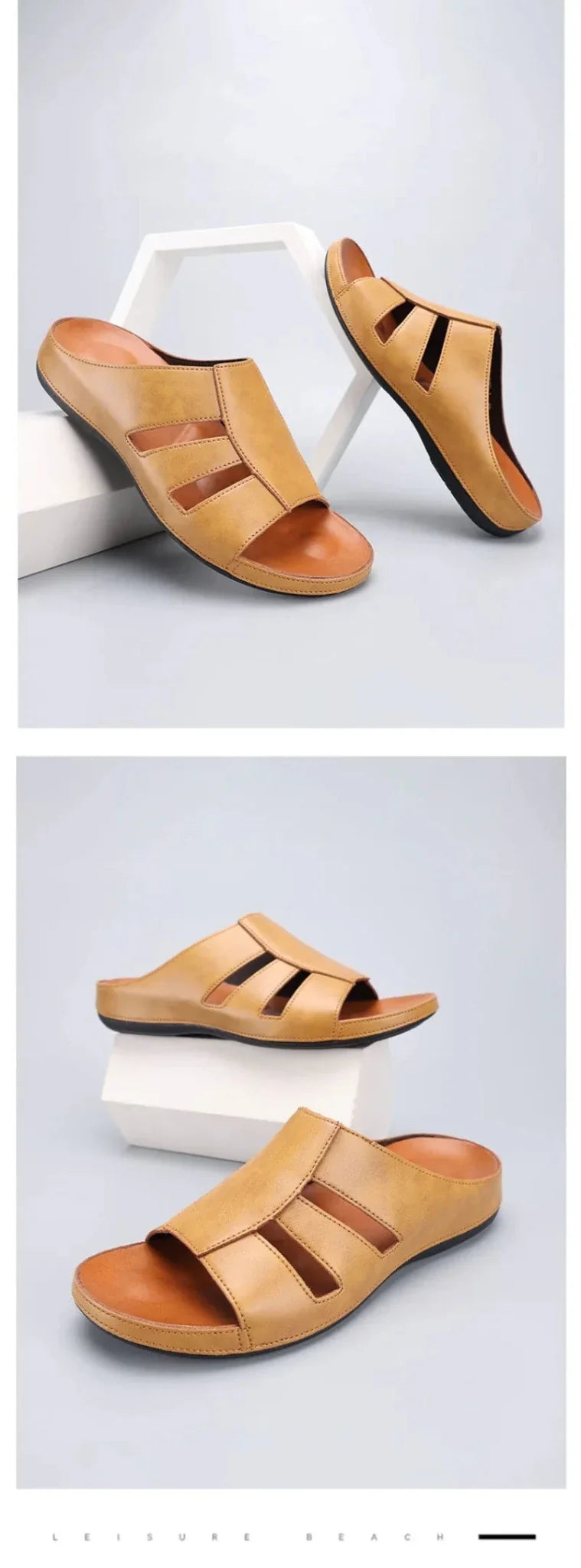 Men's luxury handmade leather peep-toe slippers by TrendLux Wear, casual beach slides in EU sizes 40-46, with open toe design.