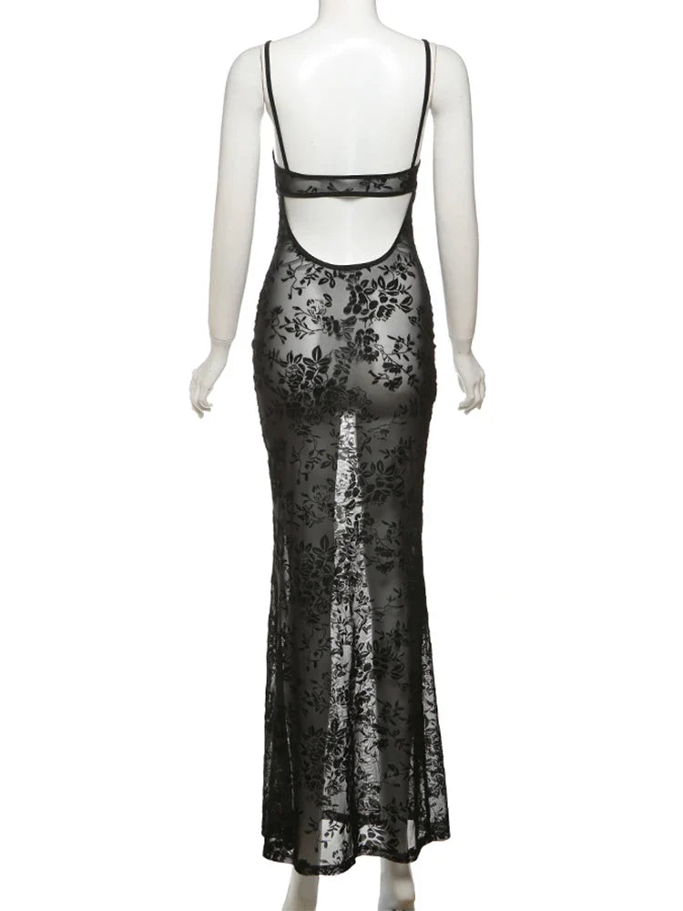 Black Sheer Floral Backless Maxi Dress