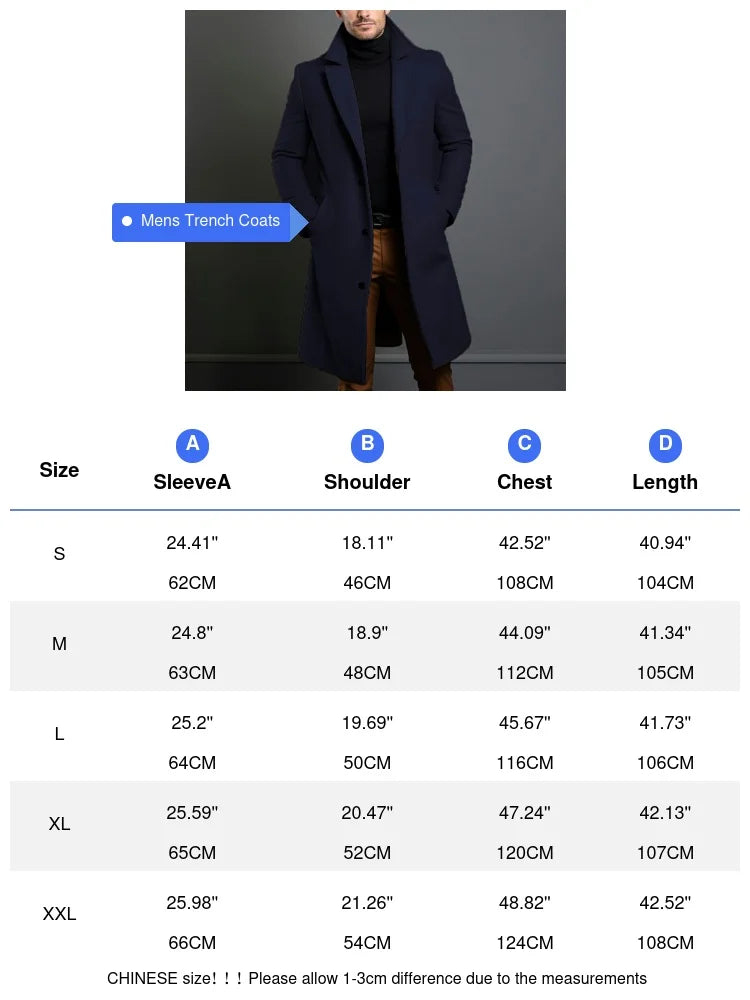 Men's Luxury Mid-Long Wool Trench Coat – Warm Business Overcoat