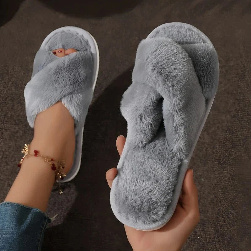 Women's fluffy fur slippers by TrendLux Wear, cozy open-toe slip-ons with non-slip soles for autumn and winter comfort.